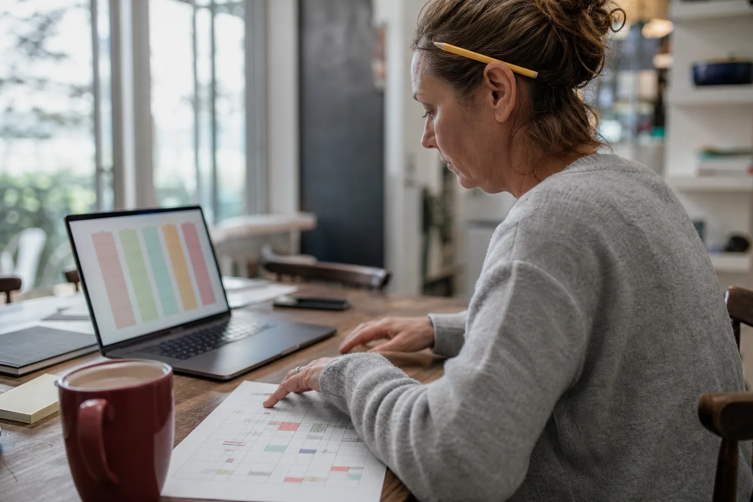 Operations lead comparing automation tools on a laptop with a weekly schedule on paper