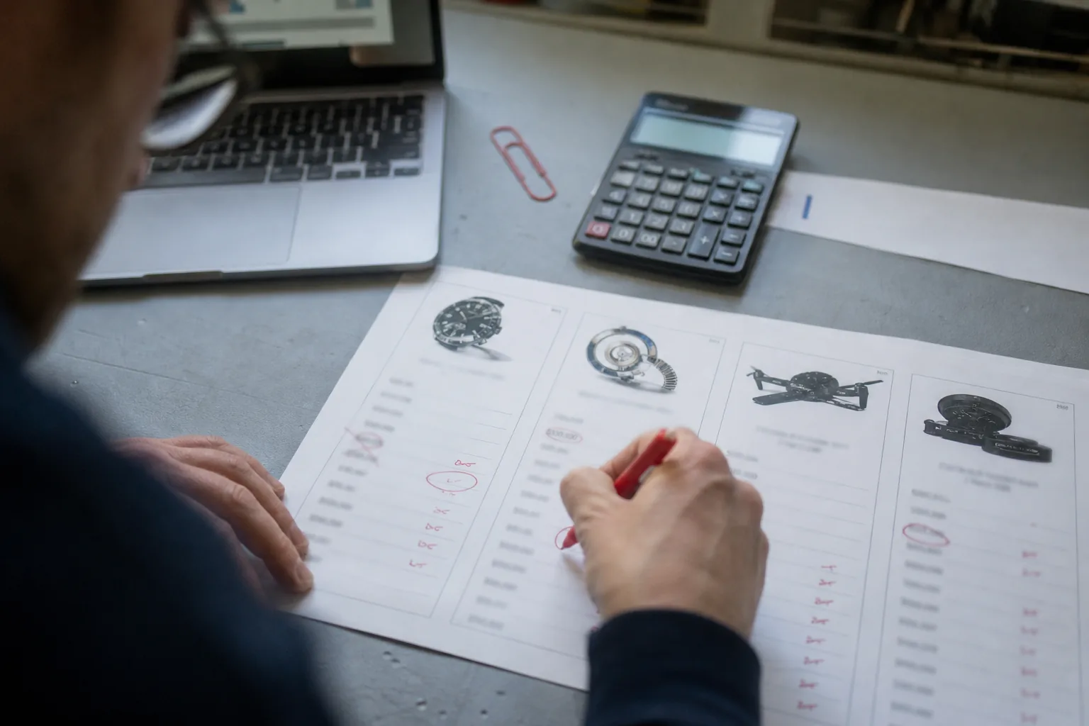 Marketer marking price changes on printed competitor pricing pages