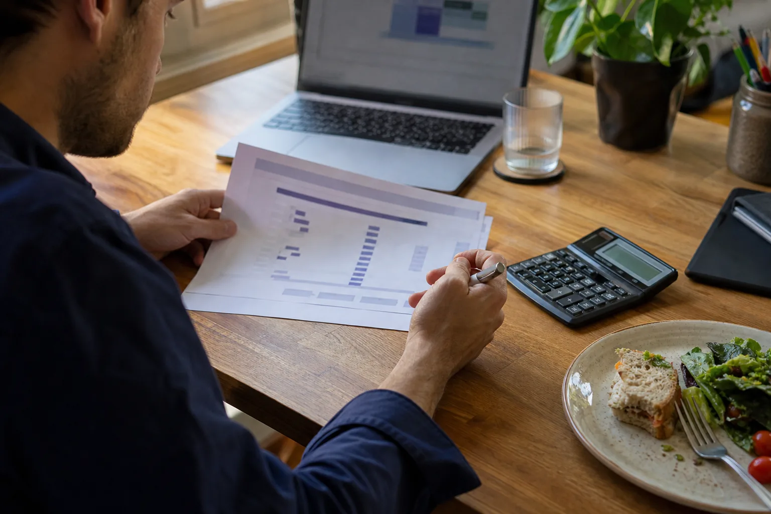 Growth marketer reviewing a monthly AI credit usage printout with a calculator at a home office desk