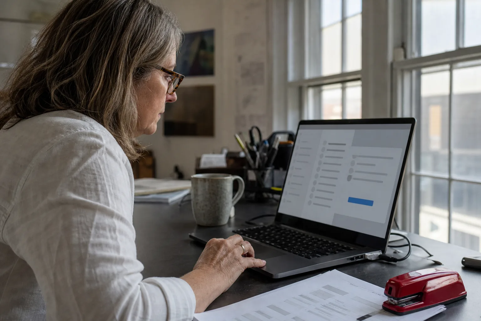 Reviewer reading a drafted customer email on a laptop before approving it