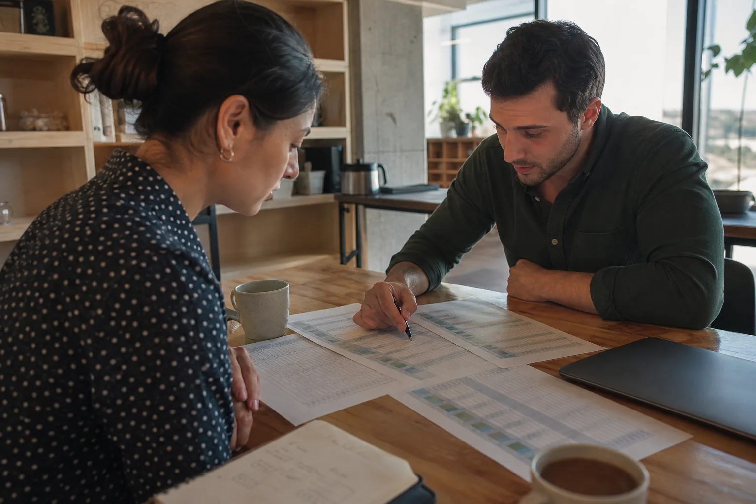 Two colleagues comparing monthly tool costs on printed sheets at a meeting table