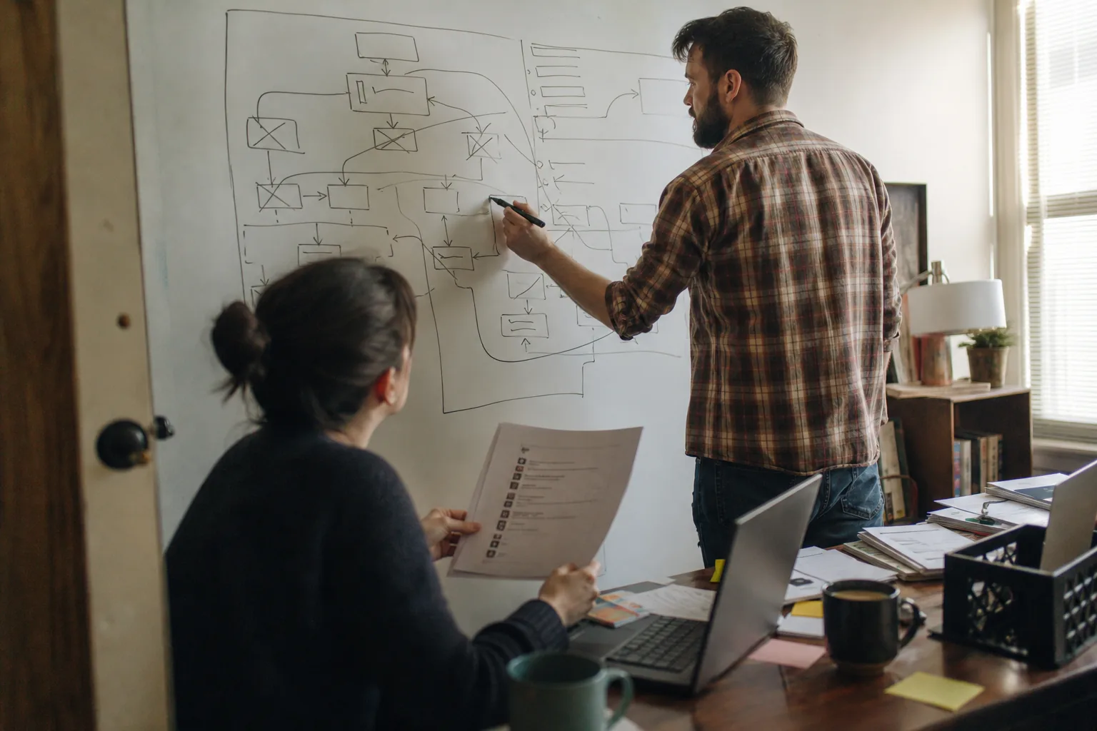 Marketing operations lead sketching a scenario map on a whiteboard next to a printed list of scheduled jobs