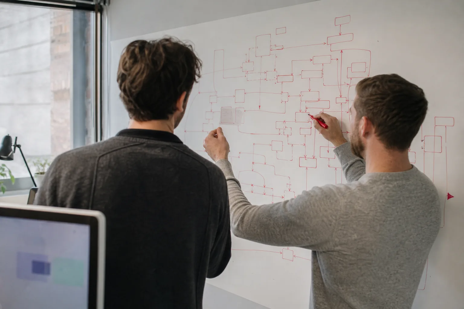 Two colleagues comparing an automation diagram with a single written instruction