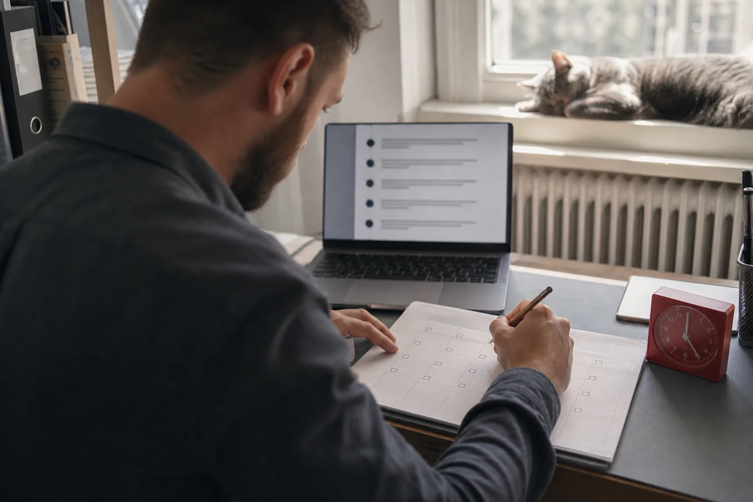 Analyst checking the next scheduled runs on a laptop beside a wall calendar