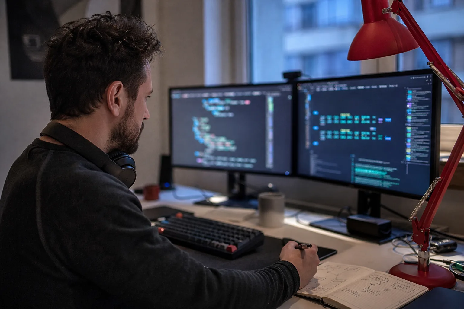 Developer wiring a webhook in a terminal on a dual monitor setup