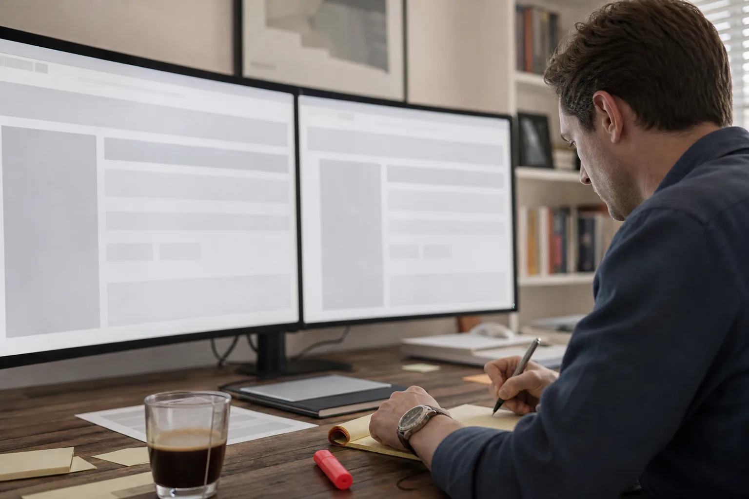 Analyst comparing two competitor web pages in a browser beside handwritten notes