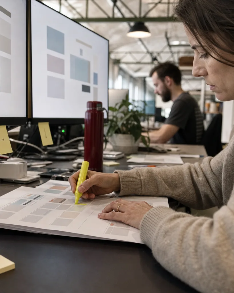 Product marketer comparing two web pages on two monitors