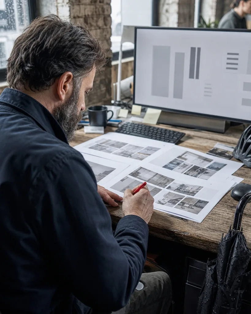 SEO manager reviewing a Monday report on a large monitor